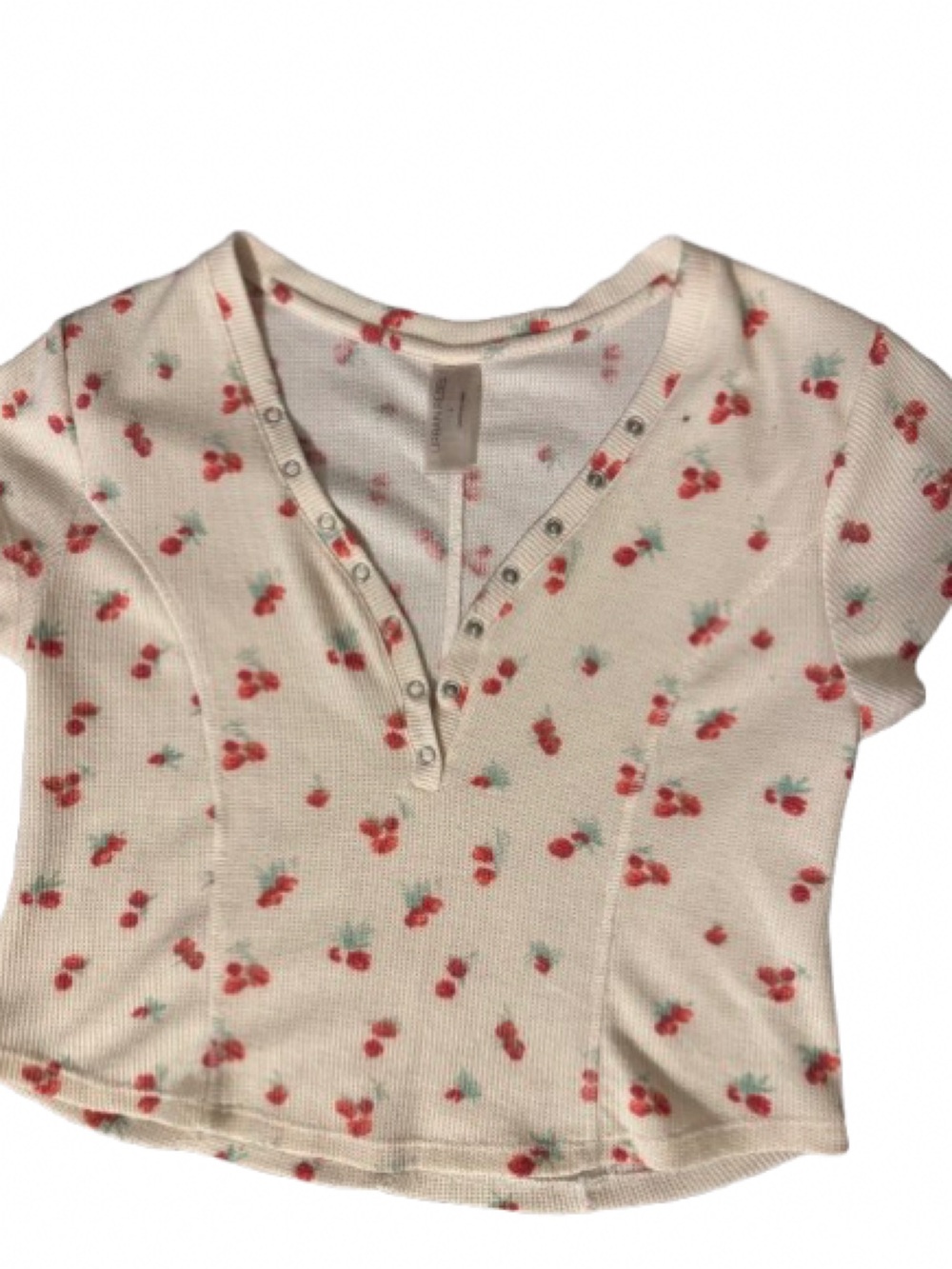 Cream Cherry Print Ribbed Crop Top-Size Large - Picture 2 of 4